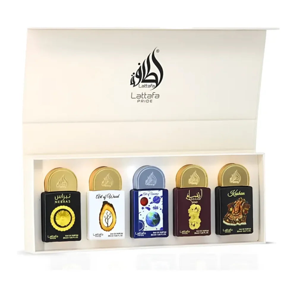 SET 5 PCS LATTAFA PRIDE 20ML NEBRAS+ART OF WOOD+ART OF UNIVERSE+ANSAAM GOLD+KASHAN