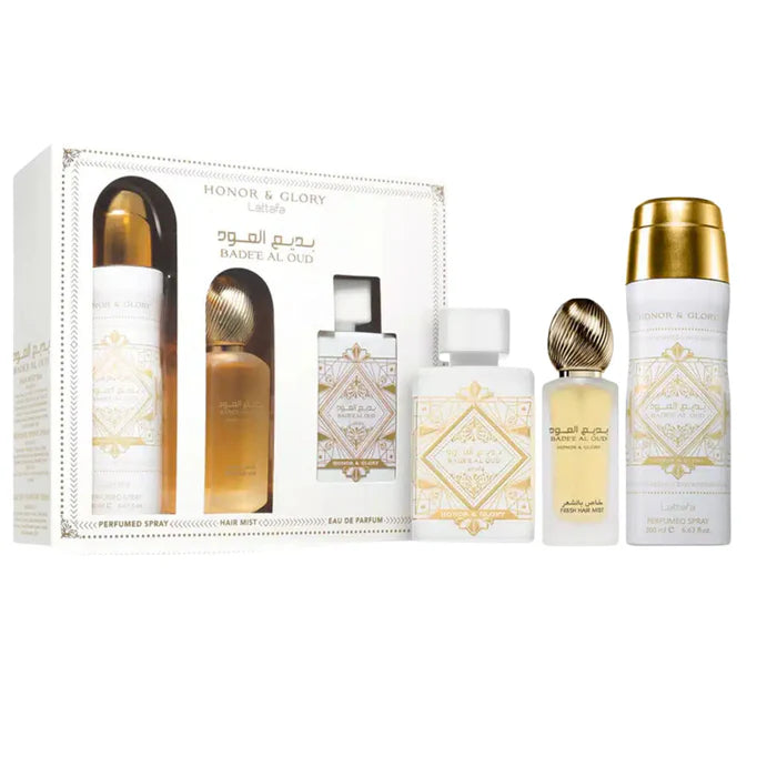 LATTAFA SET BADEE AL OUD HONOR & GLORY UNISEX EDP 100ML+HAIR MIST 50ML+DEO 200ML